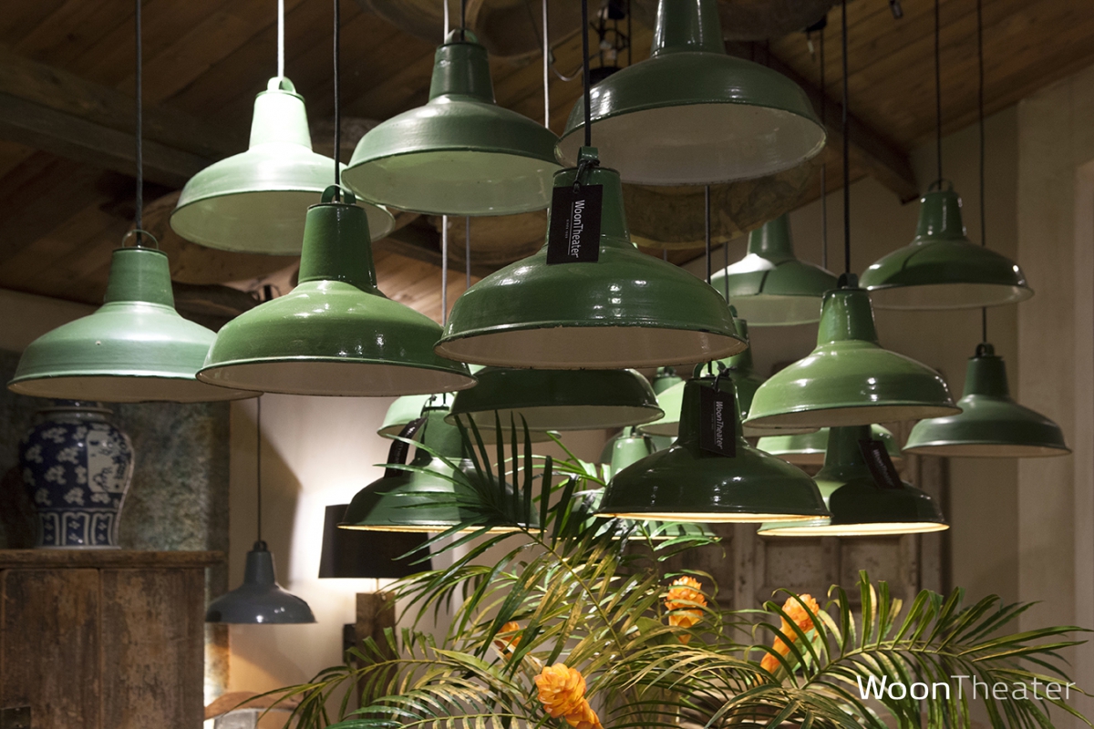 Vintage groene emaillen hanglamp | Frankrijk 