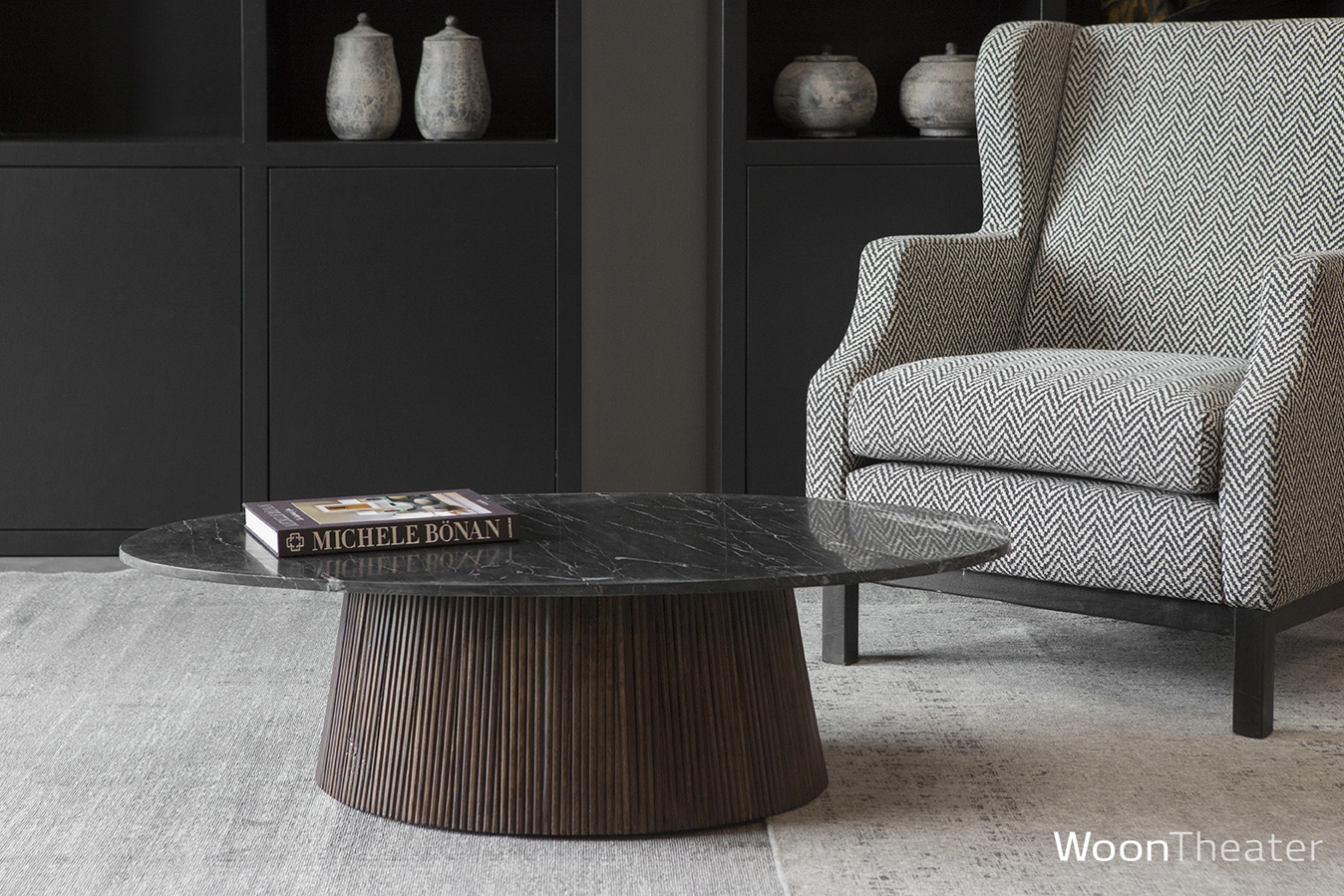 Retro ovalen salontafel | hout & zwart marmer