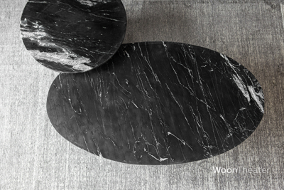 Retro ovalen salontafel Maxim | hout & zwart marmer | Eleonora